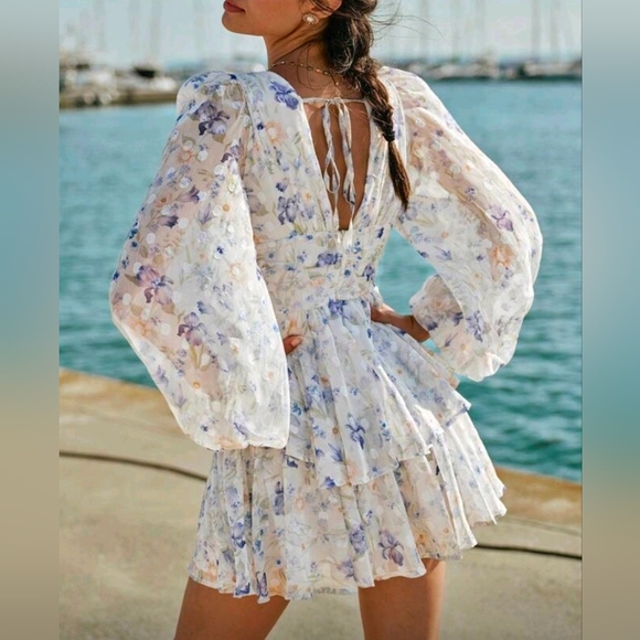 New Flowy Floral Dot Bishop Sleeve Tiered Mini Ruffle Dress White Blue Purple - Picture 6 of 10